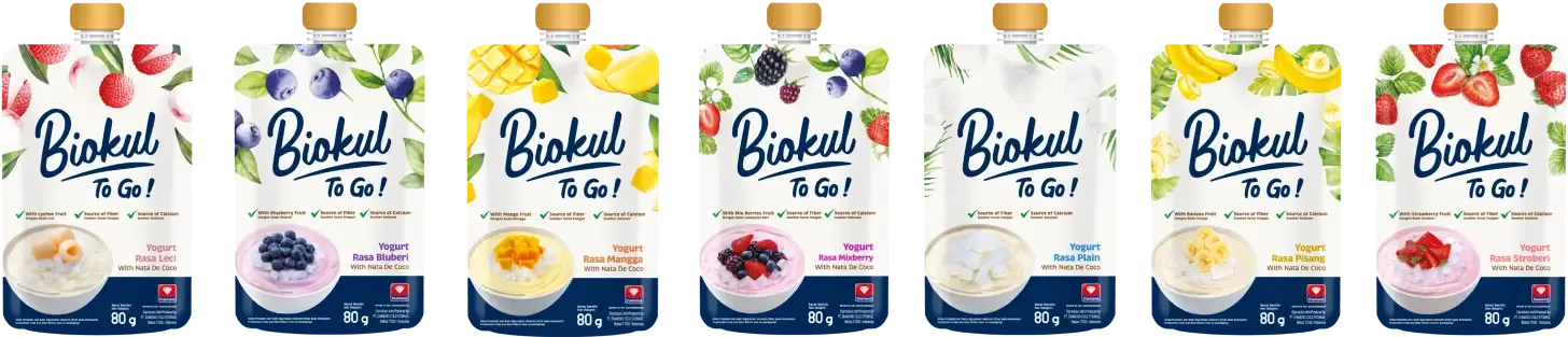 Display of all Biokul To Go! Yogurts