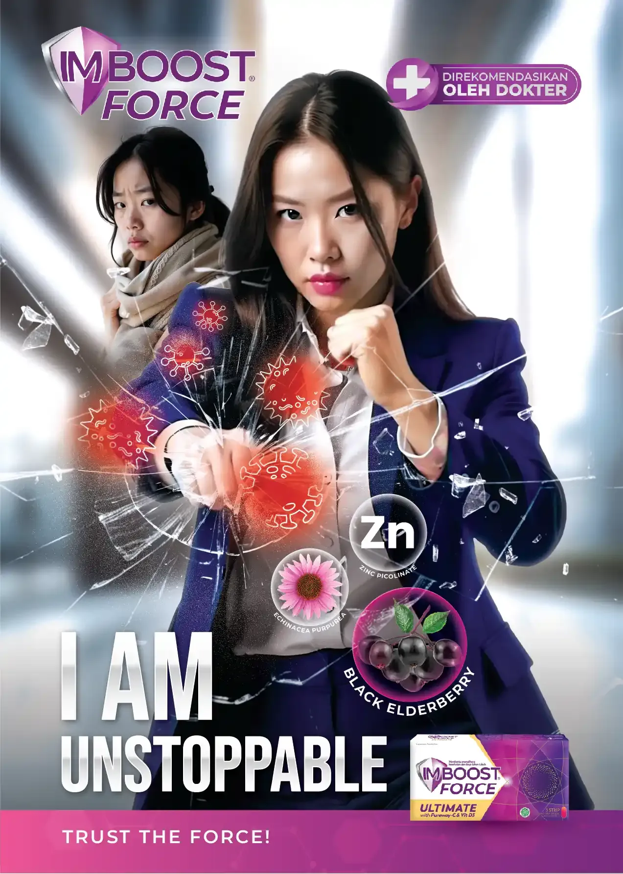 Imboost Force Ultimate campaign poster featuring an adult breaking through virus graphics