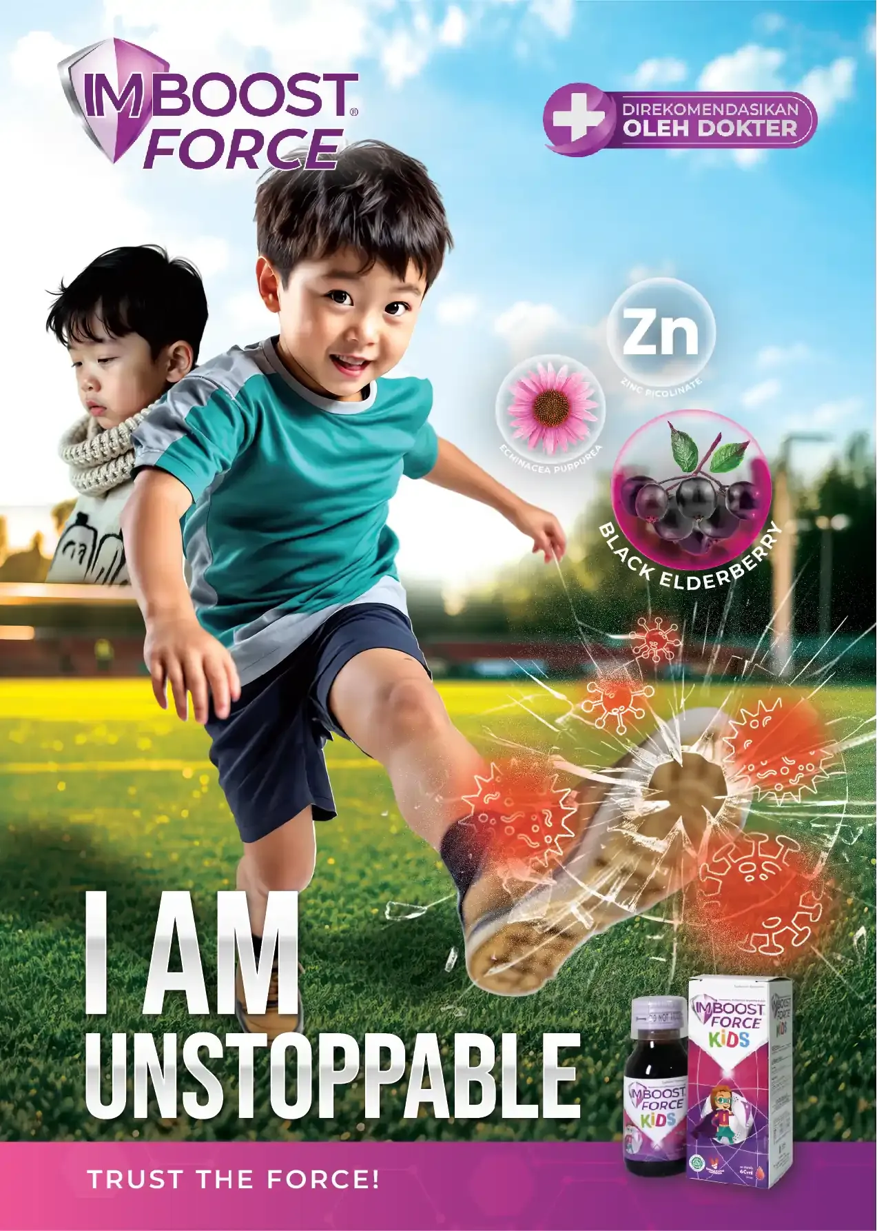 Imboost Force Kids campaign poster featuring a child kicking through virus graphics