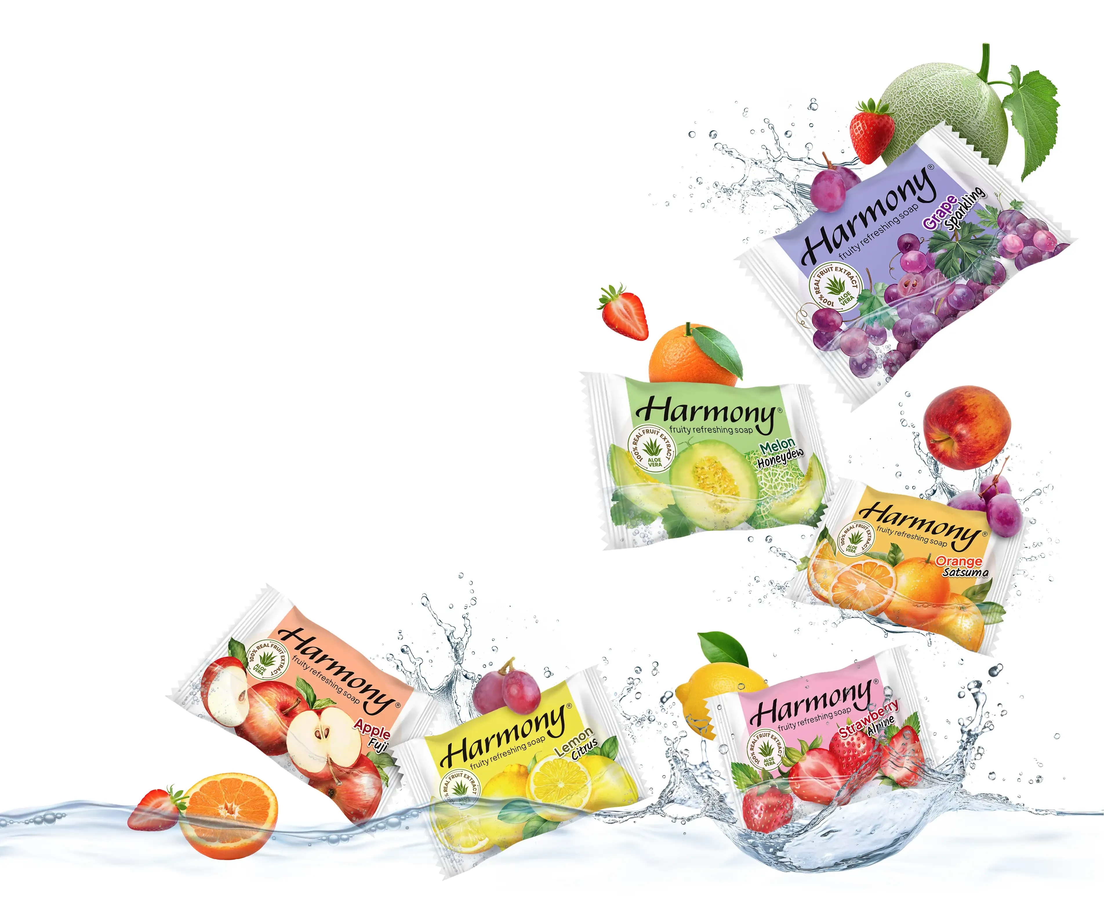 Harmony fruit soap range with water splashes and fresh fruit