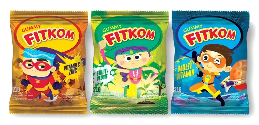 Sachets of the three Fitkom Gummy variants