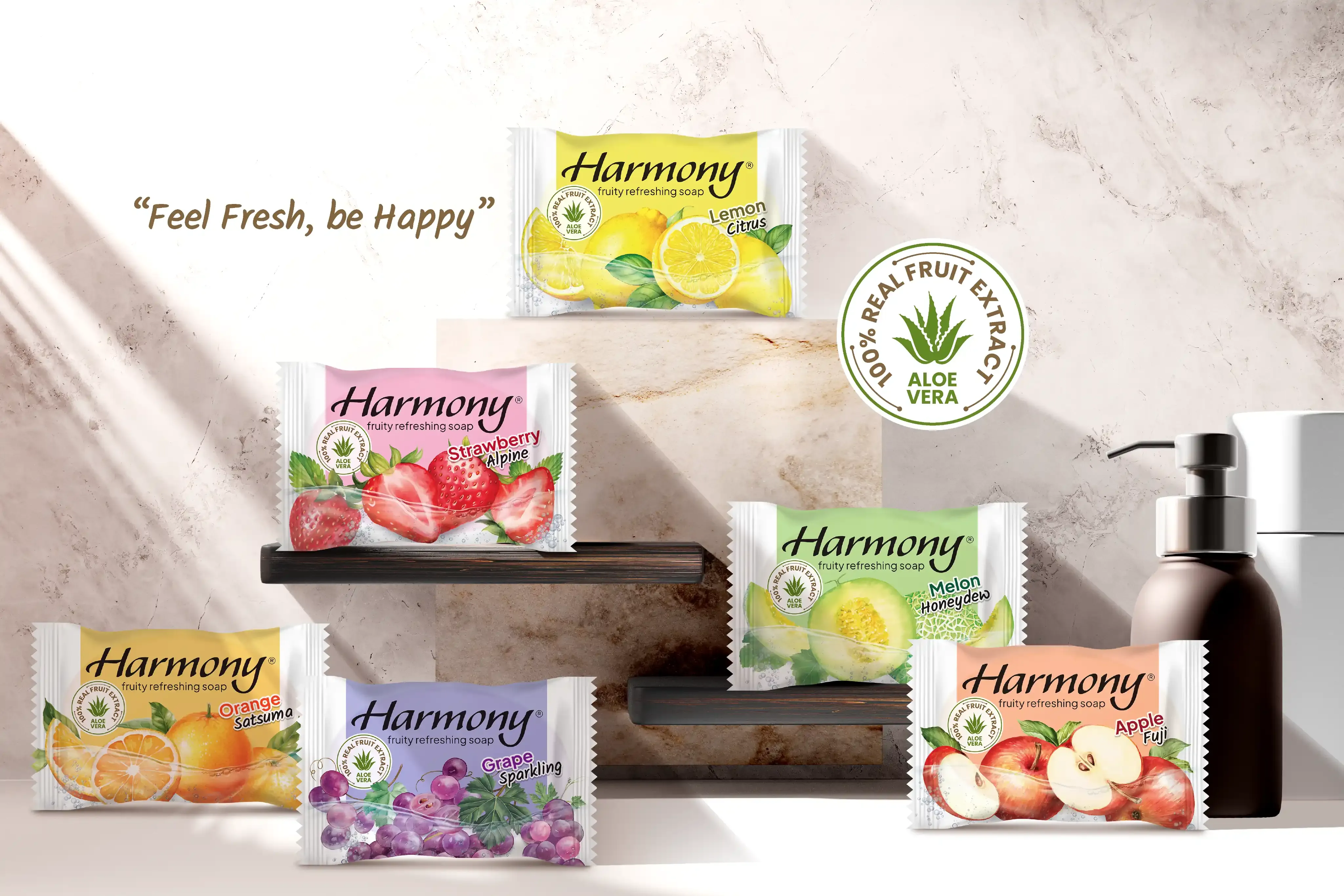 Harmony fruit soap packaging displayed on bathroom shelves